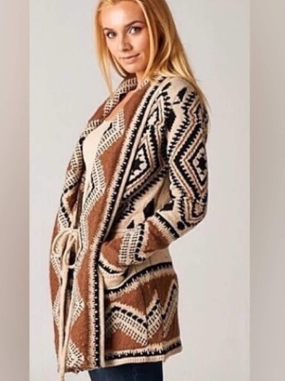 Lovestitch Tribal Boho Cardigan - Black Brown Beige Open Front Mohair Blend M